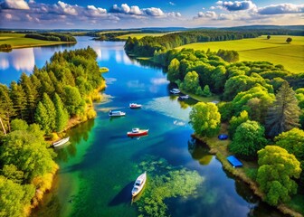 Naklejka premium Aerial View of Mirow Lake, Mecklenburg Lake District, Germany: Boats Docked on Shore