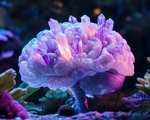 A surreal image of a brain adorned with glowing crystals, evoking concepts of intellect, energy, and mystical power.  Perfect for spiritual, science, or fantasy themes.