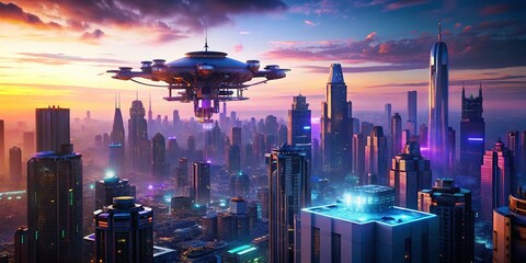 Aerial View of Modern Cityscape with Futuristic Stamp Imprint - Next Generation Technology