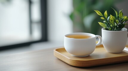 Tranquil Morning Scene with Tea Cup and Decorative Plant on Wooden Tray by Bright Window