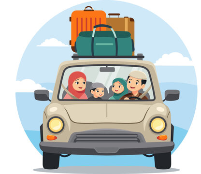 Vector image illustration of a Muslim family returning to their hometown for Eid in Indonesian it is called "mudik Lebaran" or "pulang kampung"