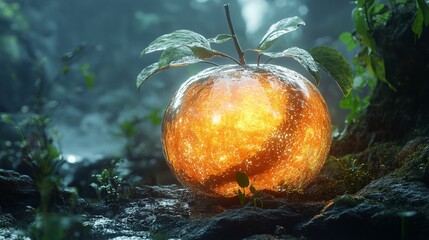 A mysterious glowing fruit resembling an alien artifact, sci-fi vibes