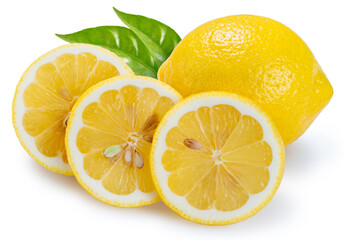 Yellow Citrus Lemon fruit with leaf isolated on white background, Sweet Lemon on white with work path.