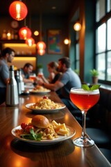 Busy restaurant bar, drinks and food on tables, graphic, modern