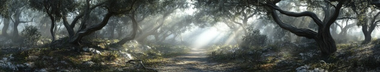 Fototapeta premium Misty morning walk through a peaceful forest