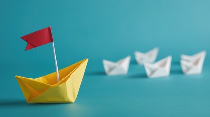 Naklejka premium Bright Yellow Origami Boat with Red Flag on Blue Background Surrounded by White Boats in Artistic Arrangement