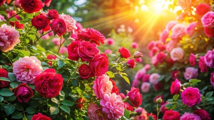 Obraz premium Aerial View of Pink and Red Rose Garden, Blooming Flowers, Romantic Floral Background