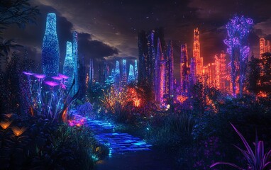 Obraz premium Vibrant, bioluminescent cityscape at night. Futuristic architecture blends with glowing flora in a surreal, fantasy landscape.