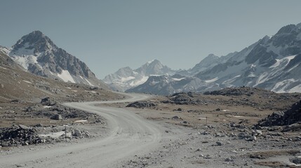 Winding Gravel Road Through Snow Capped Mountains