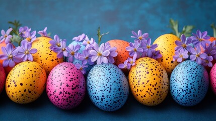 Obraz premium A vibrant tableau of Easter eggs, each a kaleidoscope of colors - red, yellow, orange, blue - dotted with delicate purple flowers, rests on a deep blue canvas, inviting viewers to imagine the joy of