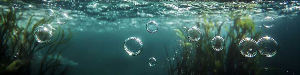Underwater Bubbles Rising Among Aquatic Plants in the Ocean Depths
