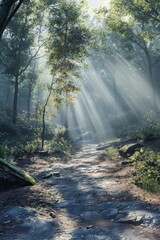 Obraz premium Fog envelops a serene forest path with sun rays piercing through trees