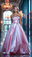 Fototapeta premium A high-fashion cinematic portrait: a stunning blonde woman with delicate features and fair skin, wearing a light-pink satin ball gown with a strapless bodice and voluminous skirt.