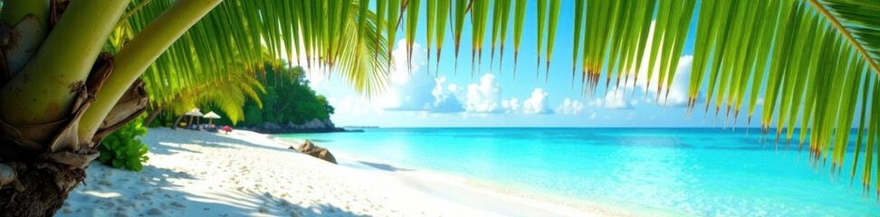 Fototapeta premium Lush palm fronds arch over white sand beach, turquoise water , escape, sea