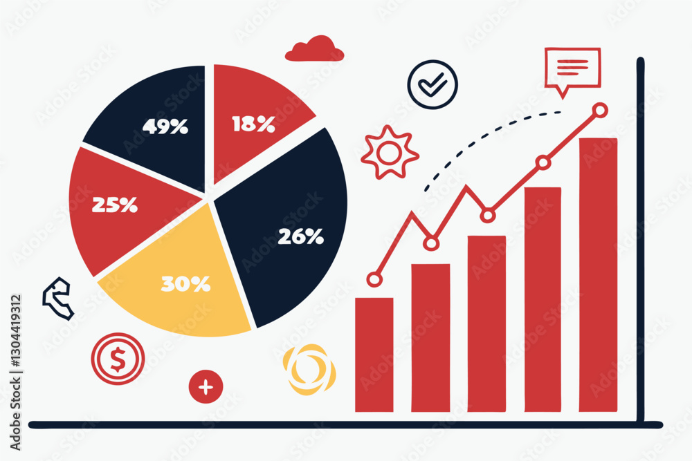 Poster Business growth and financial analysis illustrated with graphs and pie chart elements in a modern vector design