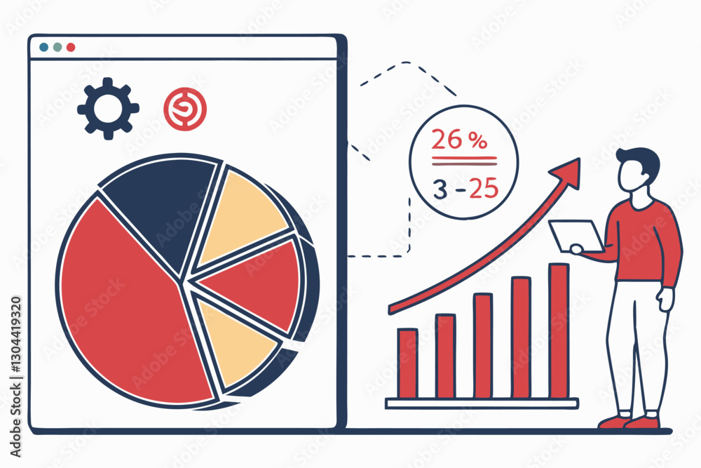 Poster business growth and financial analysis illustrated with graphs and pie chart elements in a modern ve
