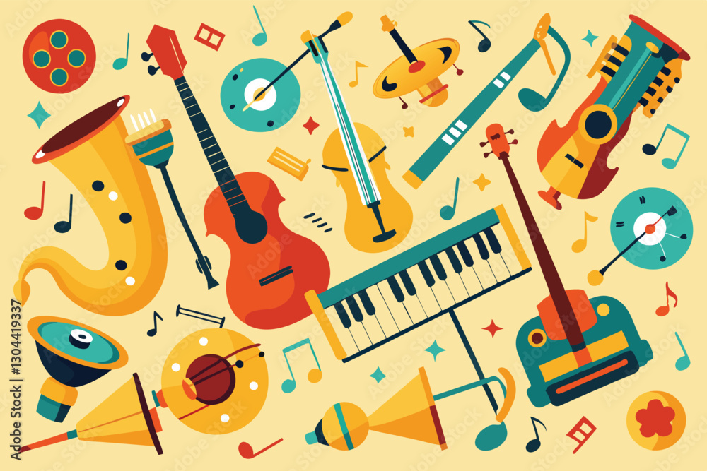 Poster colorful vector illustration showcasing a variety of musical instruments in an upbeat and lively pat