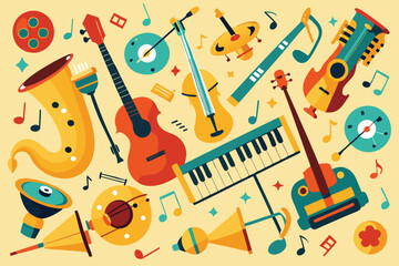 Colorful vector illustration showcasing a variety of musical instruments in an upbeat and lively pattern for music lovers