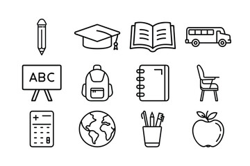 Simple Line Art Icons Representing Education and School Supplies