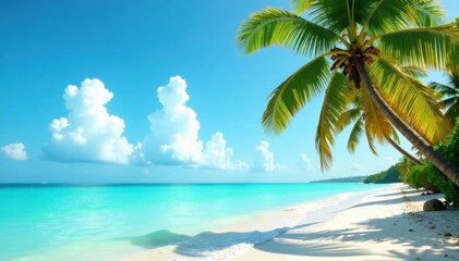 Palm trees sway gently in a turquoise sea breeze, idyllic, vacation