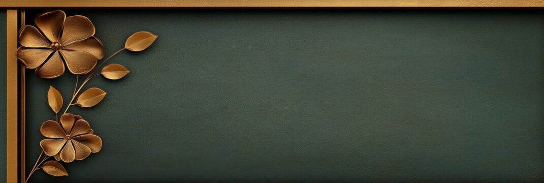 Elegant Gold Floral Frame on Dark Green Background - A sophisticated banner featuring gold metallic flowers and leaves on a dark green background, ideal for invitations, announcements