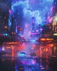 Obraz premium Cyberpunk city at night, rain reflecting neon lights on wet streets. Futuristic cityscape with vibrant colors and flying cars.