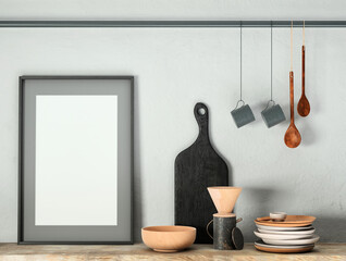 Mock up picture frame on white plaster wall with kitchen utensils on old wooden table and hanging cups and mugs; portrait orientation; stylish frame mock up; 3d rendering, 3d illustration