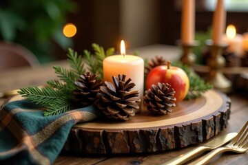 Rustic wood charger with pine cones, candles, plaid napkin , candles, holiday decor