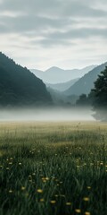 Obraz premium Fog envelops a serene valley at dawn in the mountains