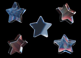 Glass dispersed Stars set in different angles 3d render black background isolated