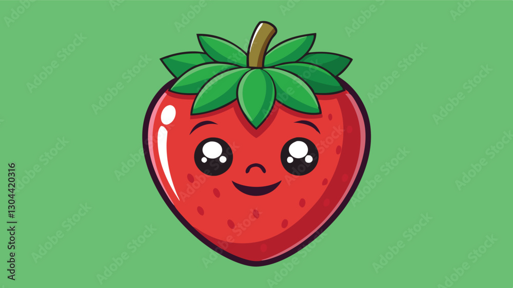 Poster cute cartoon strawberry character with a smiling face and bright colors set against a light green ba