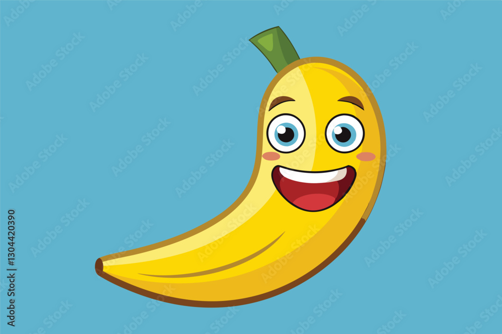 Poster vector illustration of a cheerful banana character with a big smile set against a light green backgr