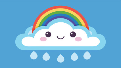 Cute smiling cloud with a rainbow and raindrops in a bright blue sky depicting a cheerful weather illustration suitable for children