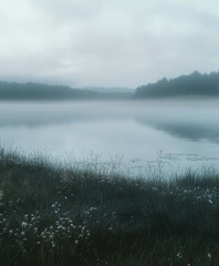 Fog envelops a calm lake amid morning greenery