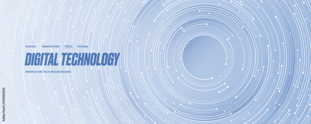 Poster Futuristic technology background with white circle circuit wires with text block on light blue motherboard. AI chip or semiconductor concept. Abstract tech bg. Web banner. Digital vector illustration.