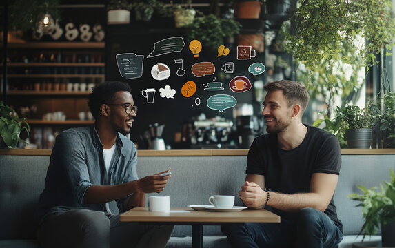 Two friends engaging in a lively conversation at a cafe, surrounded by creative doodles - Powered by Adobe