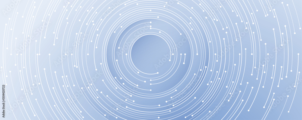 Poster Futuristic technology background with white circle circuit wires on light blue motherboard. AI chip or semiconductor concept. Abstract tech bg. Modern web banner. Digital vector illustration.