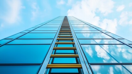 A ladder leaning against a skyscraper symbolizes ambition and progress in climbing the corporate ladder.