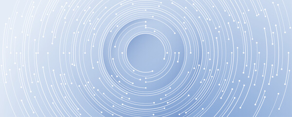 Futuristic technology background with white circle circuit wires on light blue motherboard. AI chip or semiconductor concept. Abstract tech bg. Modern web banner. Digital vector illustration.