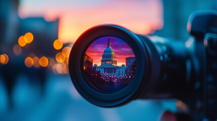 Camera lens captures us capitol, symbolizing focus on government news.