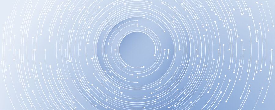 Futuristic technology background with white circle circuit wires on light blue motherboard. AI chip or semiconductor concept. Abstract tech bg. Modern web banner. Digital vector illustration.
