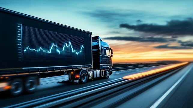 Truck on highway with data graph symbolizes fleet management efficiency and analytics.