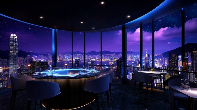 Exquisite Rooftop Dining with Cityscape View - Luxury restaurant with panoramic city night views, elegant dining setting, perfect for special occasions or romantic dinners