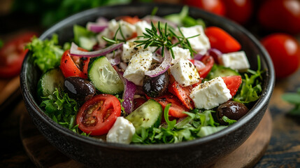 Delicious greek salad with fresh tomatoes cucumbers and feta cheese red food diet meal dish green