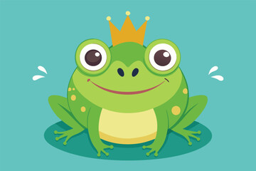 Cheerful green frog wearing a crown sits happily on a vibrant purple background, showcasing a whimsical character from a playful storybook setting