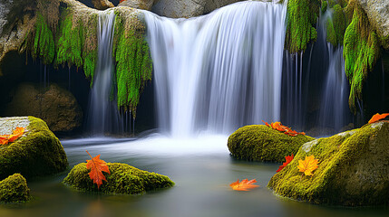 Stunning Waterfall Cascading Over Mossy Rocks with Autumn Leaves
