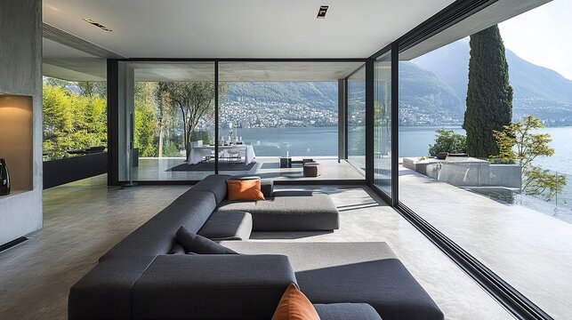 Living room of beautiful modern house with cement interiors