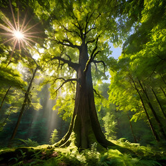 Obraz premium Breathtaking view of a towering tree in a vibrant green forest bathed in sunlight background