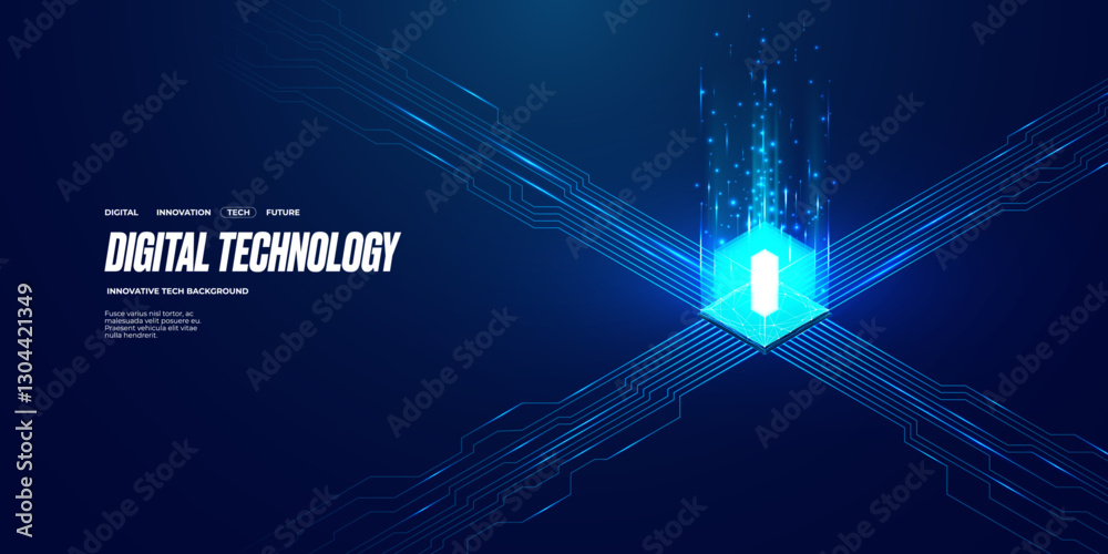 Poster Isometric CPU semiconductor with circuit elements on technology blue background. AI chip concept. Bright light microchip or processor with hologram glitters. Tech bg. Digital vector illustration.