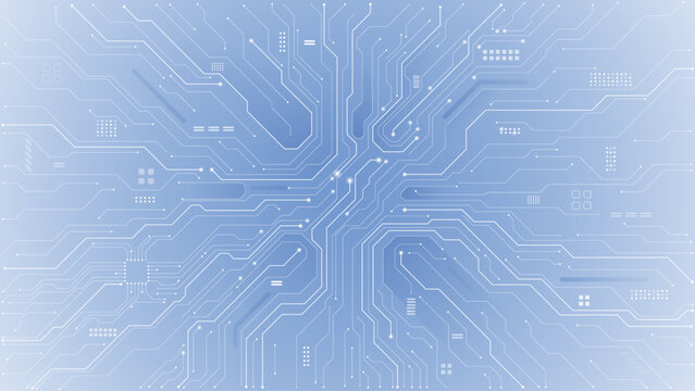 Abstract AI circuit board background. Technology connected white lines with electronics elements on tech bg. Computer motherboard with chip, and semiconductor. Elegant gray digital vector illustration